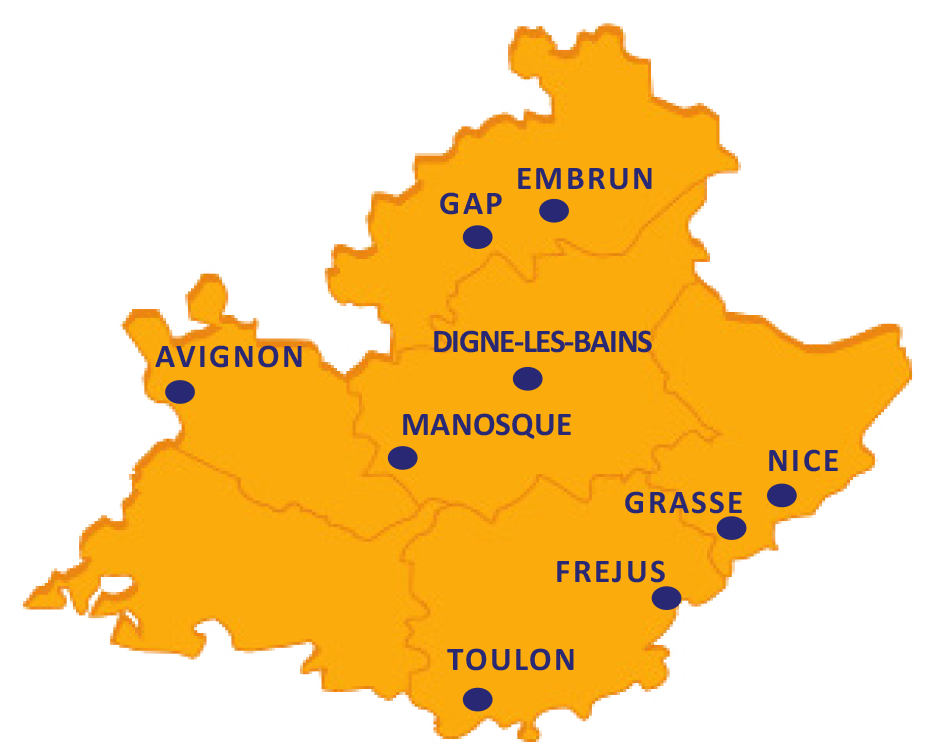 Les services de l'Urapeda en PACA sur : Toulon, Frjus, Grasse, Nice, Manosque, Dignes les bains, Gap, Embrun et Avignon