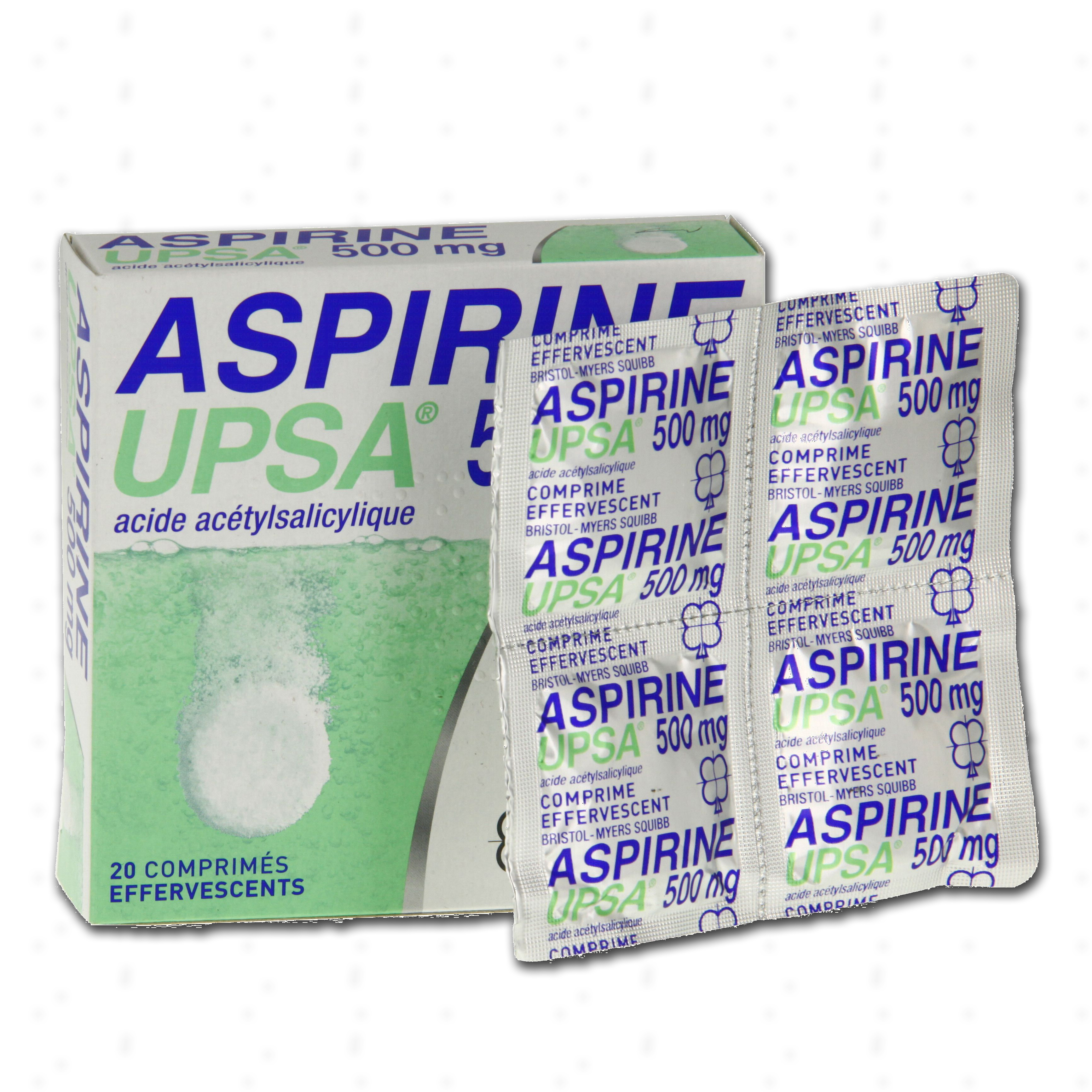 Visuel de l'emballage du médicament ASPIRINE UPSA 500 mg.