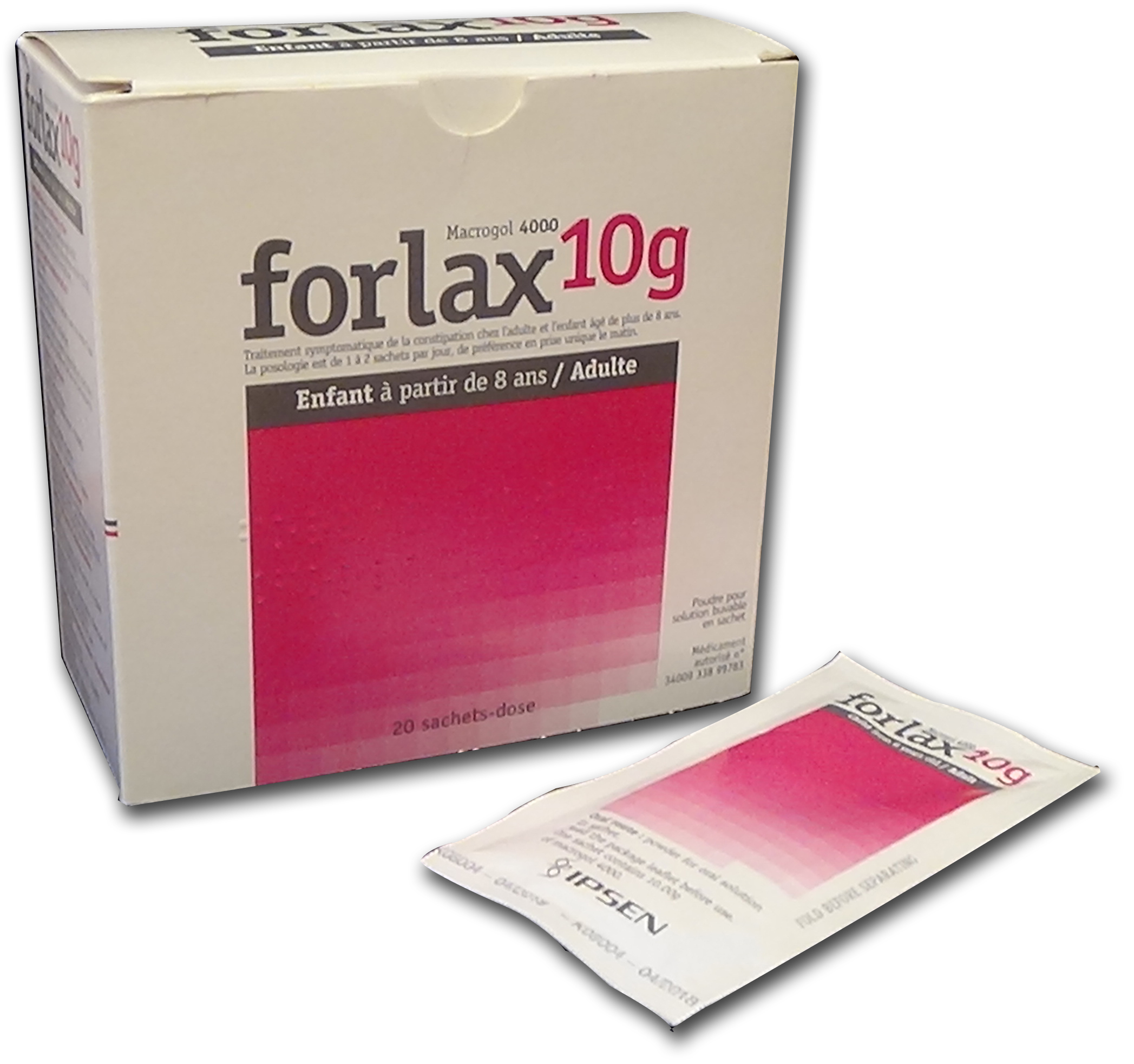 Visuel de l'emballage du médicament FORLAX 10 g, poudre pour solution buvable en sachet.