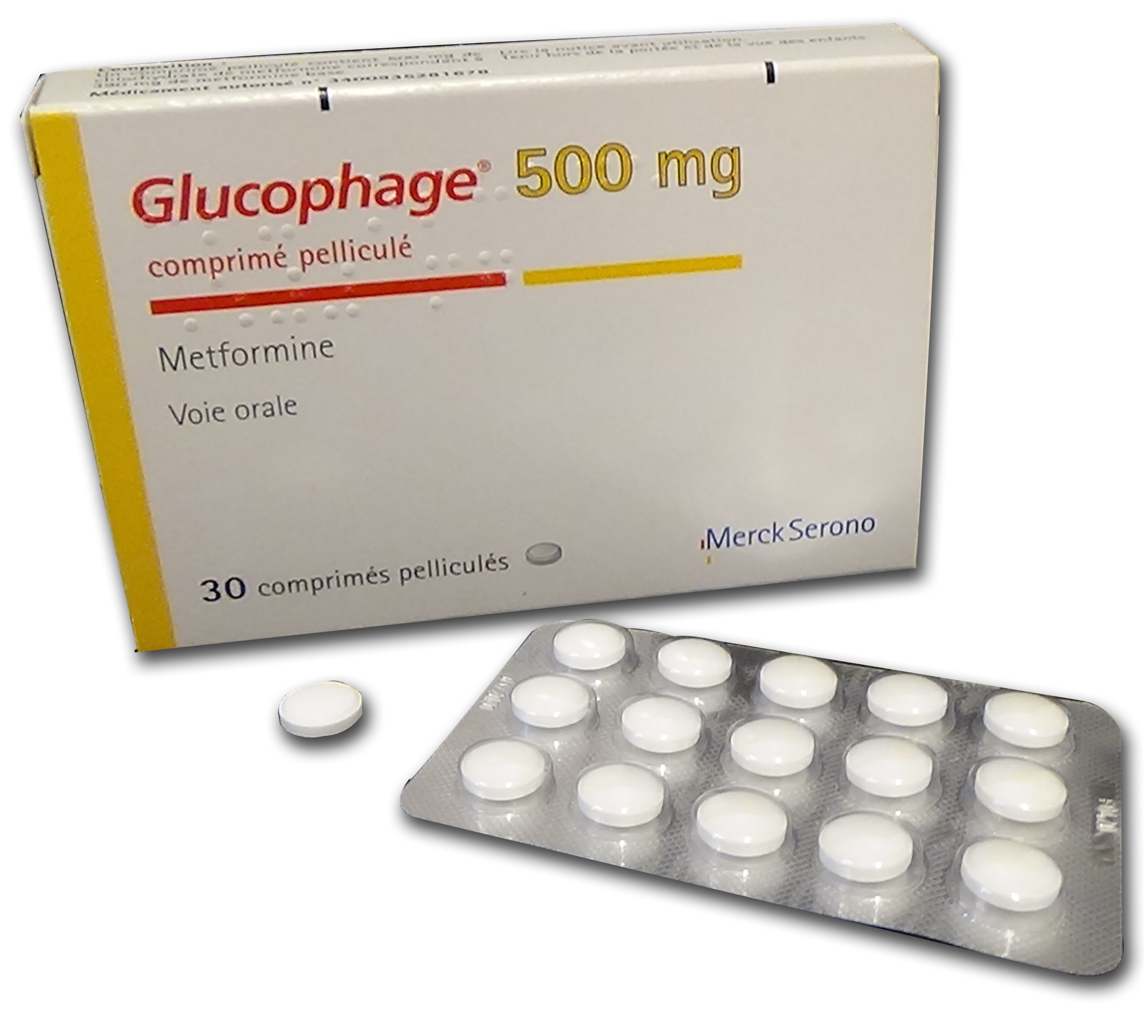 Visuel de l'emballage du médicament GLUCOPHAGE 500 mg, comprimé pelliculé.