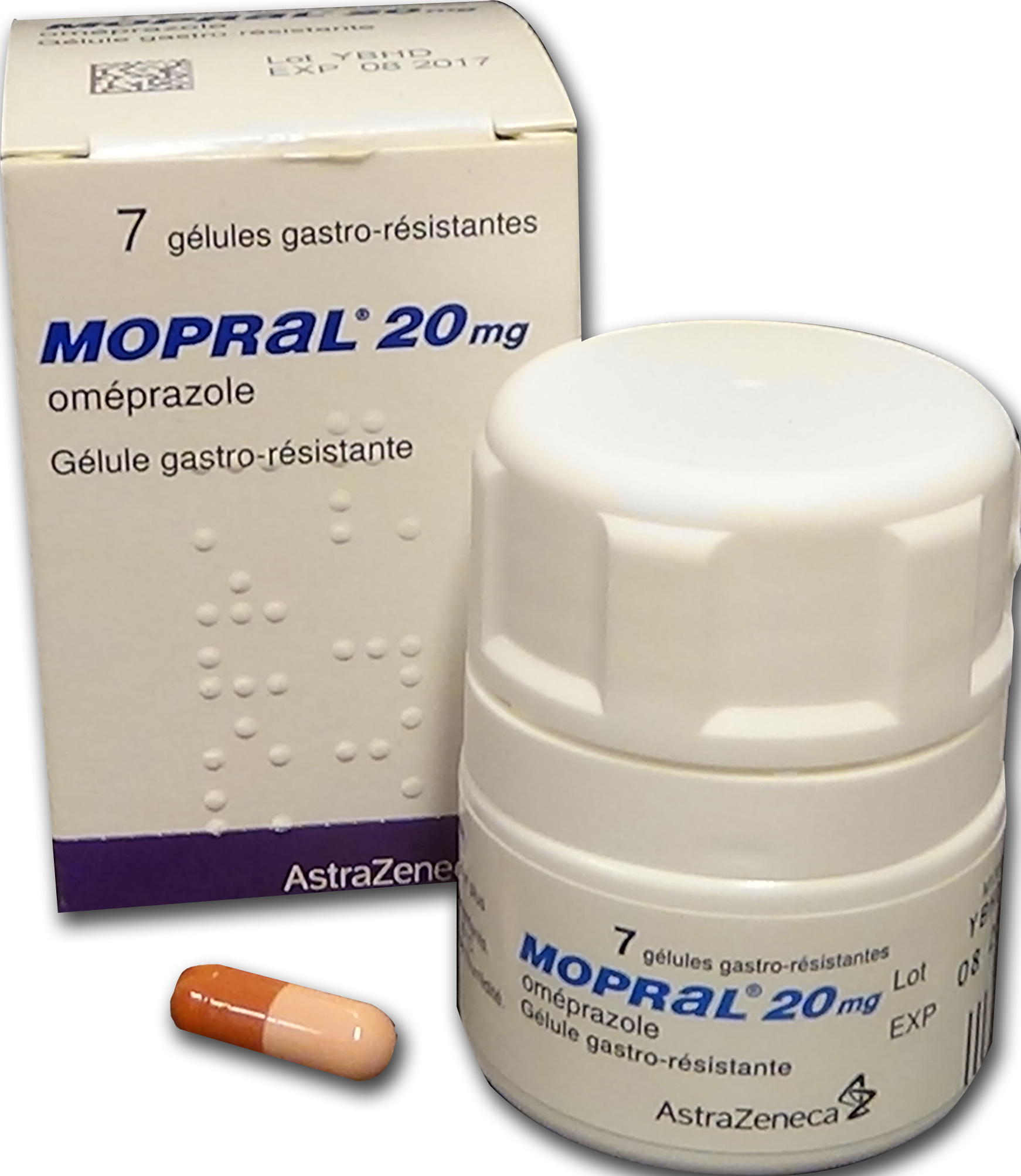 Visuel de l'emballage du médicament MOPRAL 20 mg, gélule gastro-résistante.