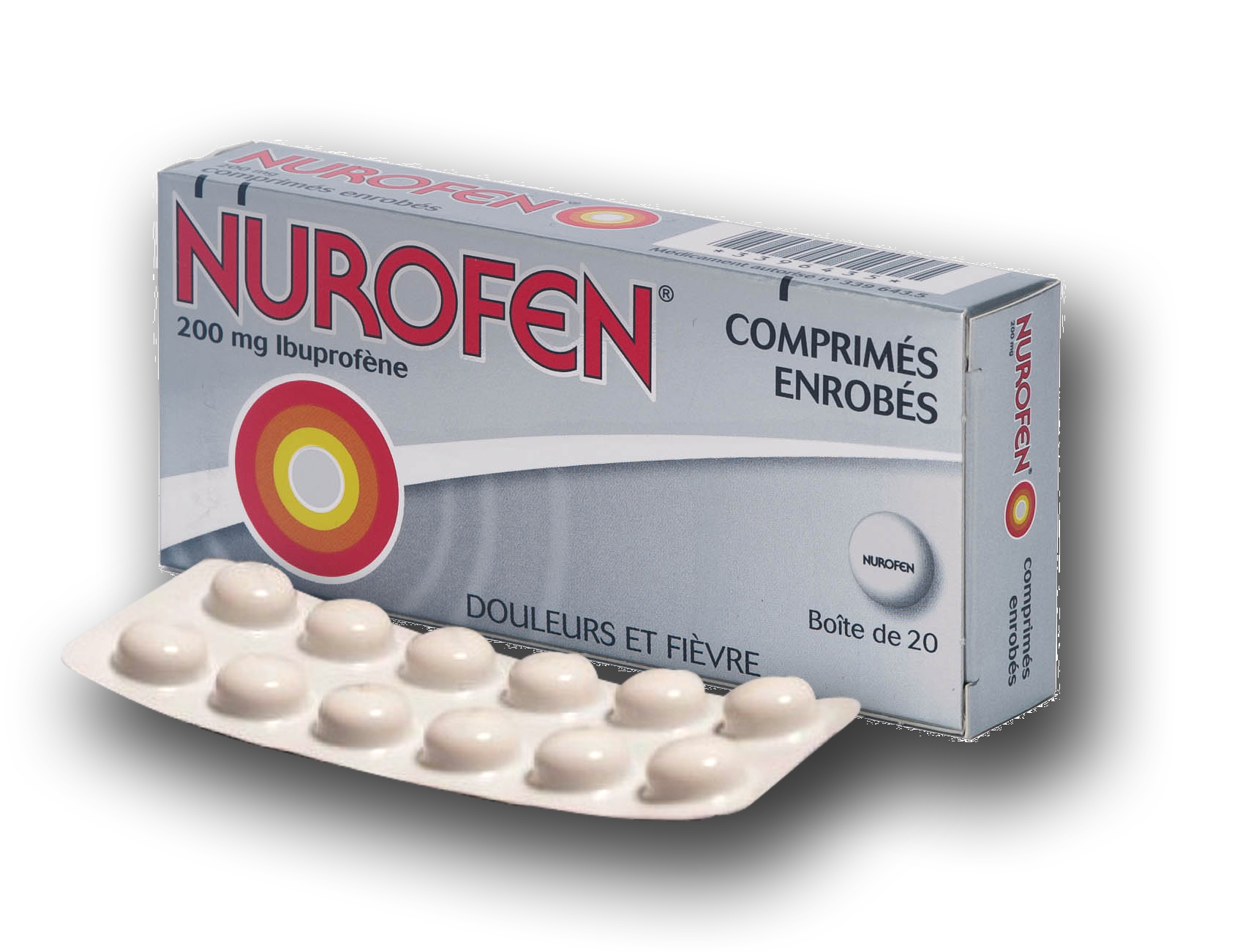 Visuel de l'emballage du médicament NUROFEN 200mg Ibuprofène.