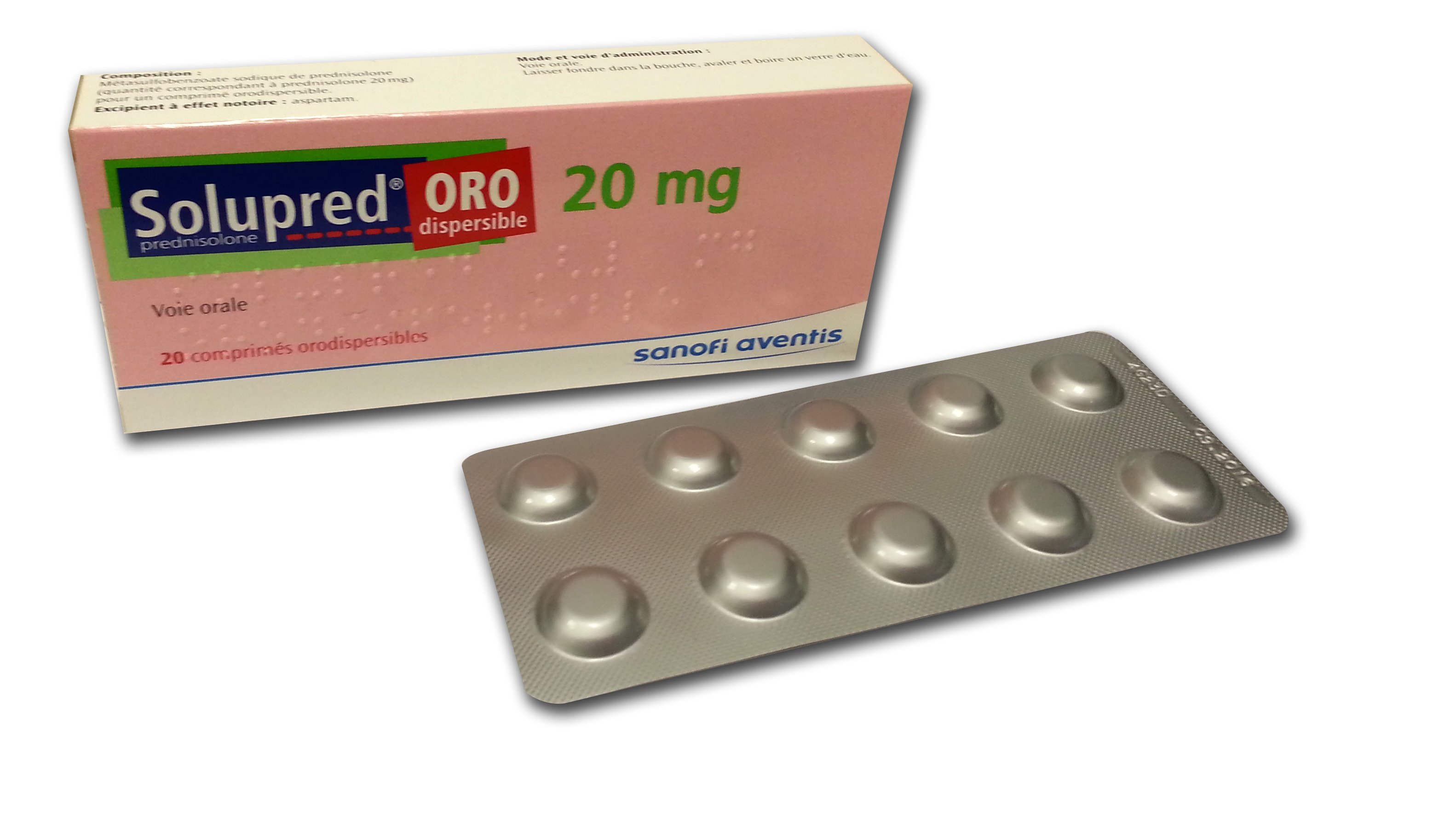 Visuel de l'emballage du médicament SOLUPRED 20 mg, Comprimé orodispersible.